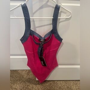 Hera Collection Hot Pink One-Piece with Denim Trim